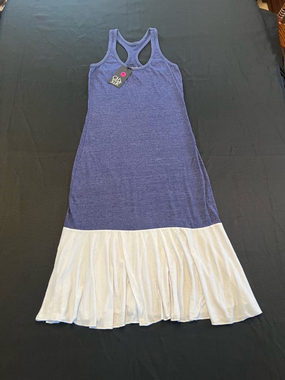 Chaser Racerback Maxi Dress Blue with White Ruffle Hem size Medium New with Tags